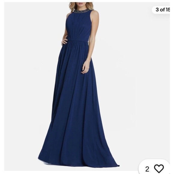 Ieena for Mac Duggal Dress Women's 4 Navy Blue Bejeweled Neckline Pleated Gown - Picture 1 of 12